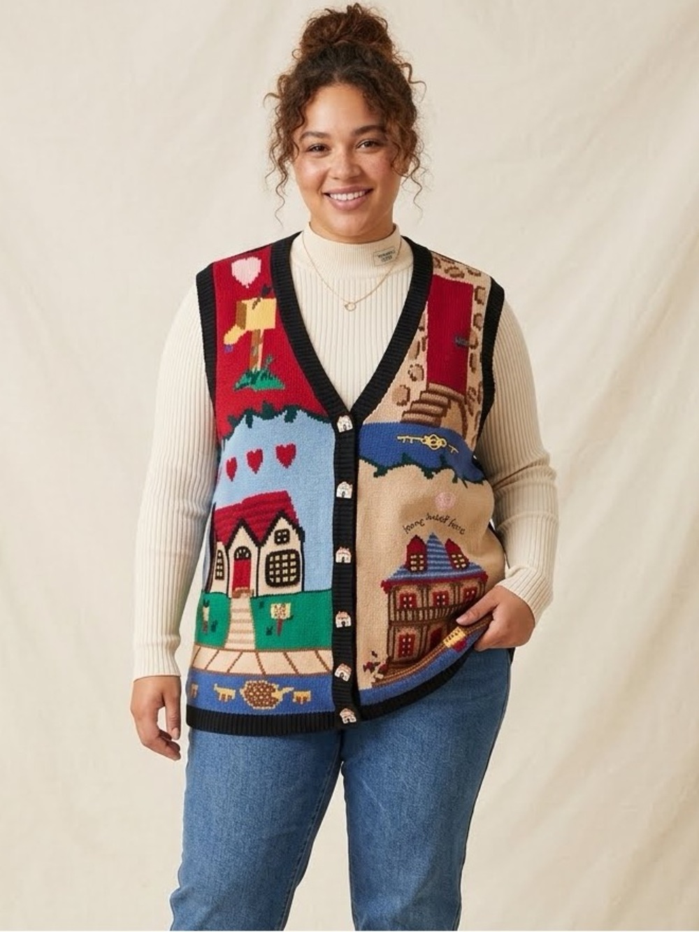 VINTAGE Eagles Eye 1995 Home Sweet Home Sweater Vest Women's 3X House buttons